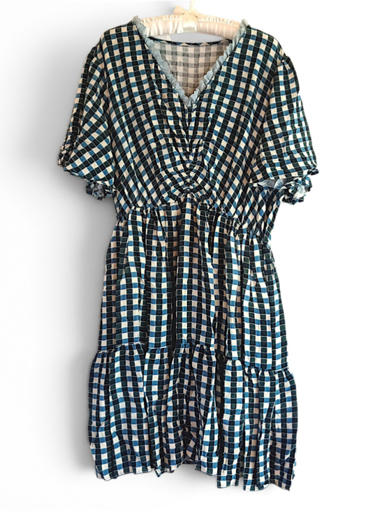 Unbranded Dresses & Skirts - Gingham Check Dress Blue Green plaid cottagecore prairie Western ruffled tiered